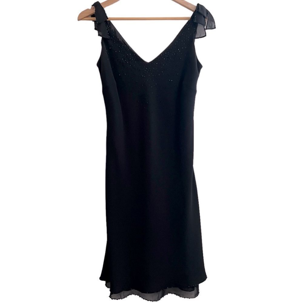 Little black dress by rena rowan sheer top layer, sleeveless Sz 10 ELEGANT